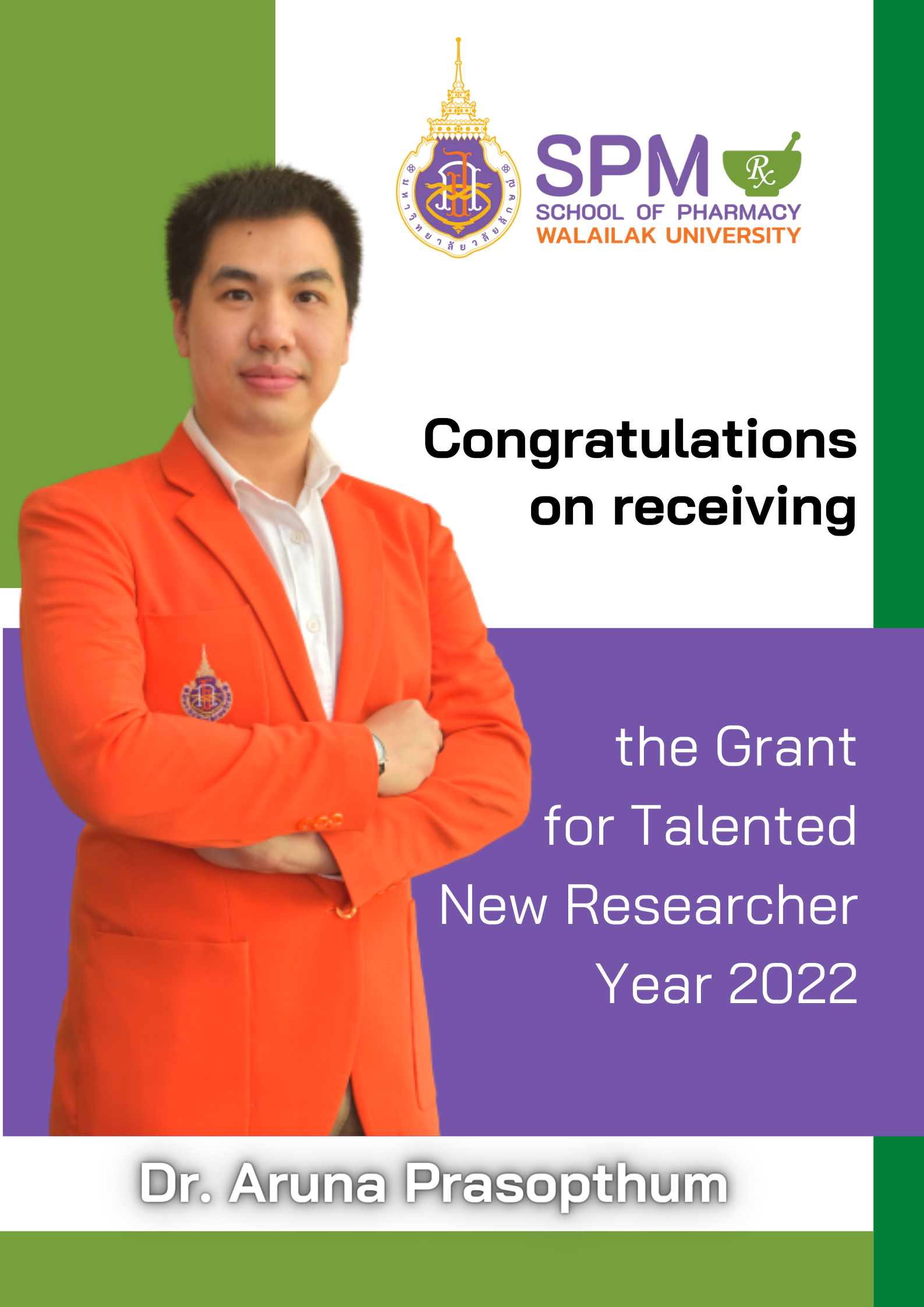 Dr.Aruna Prasoptham, School of Pharmacy, Walailak University receiving the grant for Talented new researcher, the Year 2022 from the National Research Council of Thailand 