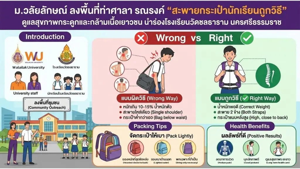 ม.วลัยลักษณ์ ลงพื้นที่ท่าศาลา รณรงค์ “สะพายกระเป๋านักเรียนถูกวิธี” ดูแลสุขภาพกระดูกและกล้ามเนื้อเยาวชน นำร่องโรงเรียนวัดชลธาราม จ.นครศรีธรรมราช